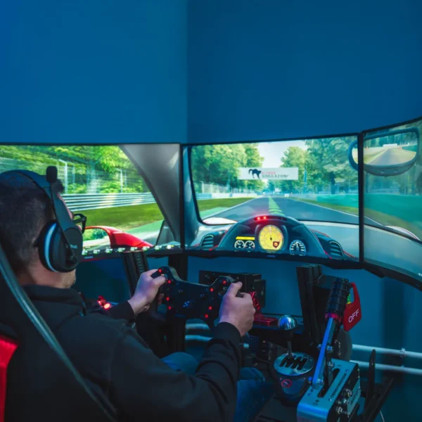 Simulatore di guida con volante e tre schermi alla Game Arena di Olbia